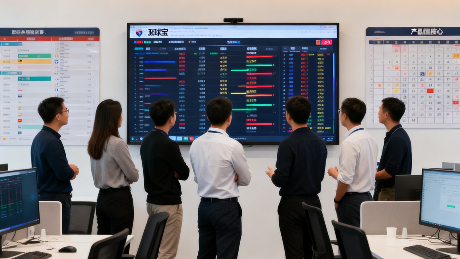 看球宝核心团队成员在现代化办公室中围绕数据大屏讨论产品方案，背景展示实时数据看板和赛程日历